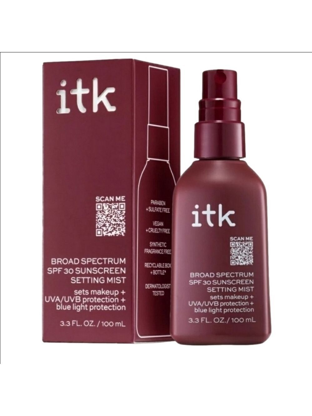 New ITK Sunscrean Setting Mist Broad Spectrum Vegan Cruelty Free Skincare 3.3 oz